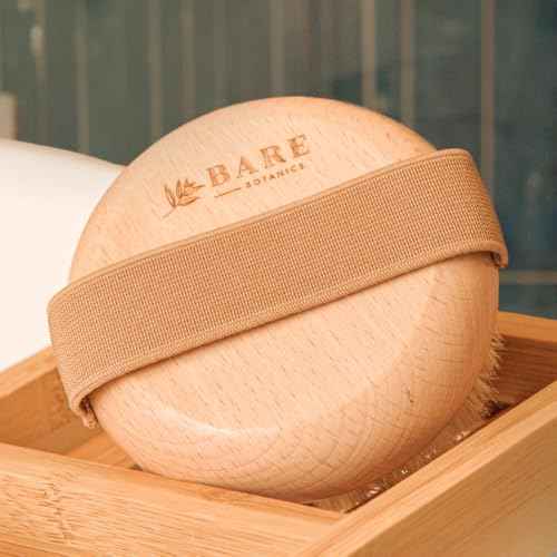 Bare Botanics Dry Body Brush for Lymphatic Drainage - Improve Circulation w/Gentle Exfoliation for Soft Skin - Ergonomically Designed w/Elastic Strap - Soft but Firm Natural Boar Bristles
