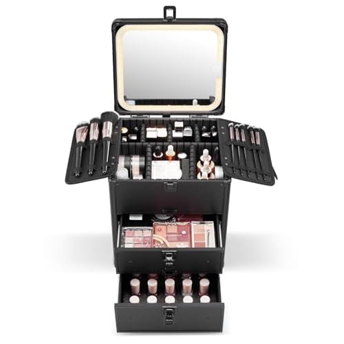 Qislee Makeup Box with Double Drawers and A Detachable Lighted Mirror, Waterproof Travel Train Case, Cosmetic Organizer and Makeup Suitcase with Adjustable Dividers, Magnetic LED Mirror (Black)