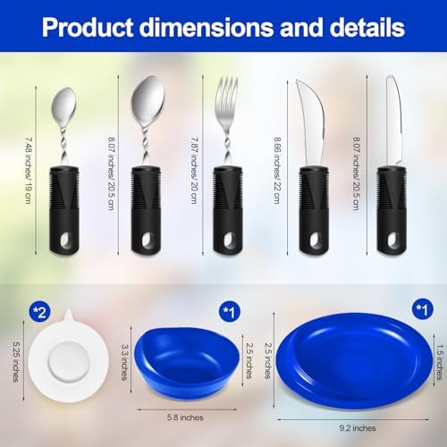 2 Sets Adaptive Utensils Bowl and Plate Set Adaptive Self Feeding Dinnerware with Suction Base Non Slip Bendable Cutlery for Elderly Disabled Hand Tremors Arthritis Parkinson(Blue)