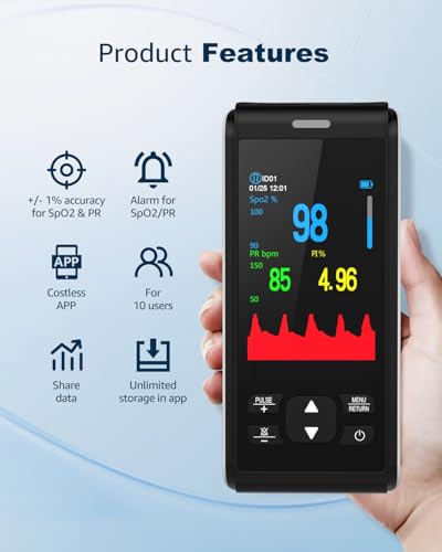 Pulse Oximeter Fingertip Handheld Pulse Oximeter With Continuous Monitor Blood Oxygen Saturation Monitor for Adults Rechargeable Monitor Oxygen Meter For SpO2/PR/PI