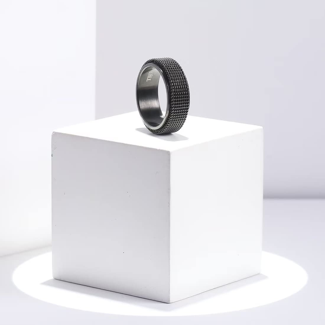 King Will Black 8mm Stainless Steel Chain Mesh Simple Plain Spinner Anxiety Ring for Women Men Wedding Band Ring Fidget Ring Mesh Chain Woven Mesh 14
