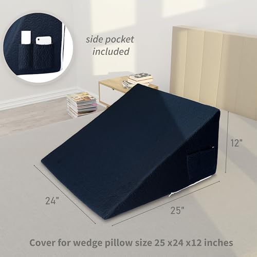 Wedge Pillow Cover for 25x24x12 Bed Wedge Pillow, Hypoallergenic Replacement Case Cover with Zipper & Pockets, Navy Blue