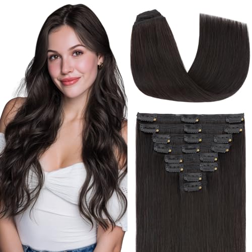 Elailite Clip in Hair Extensions Real Human Hair Double Weft Thick 8pcs Weft Natural Black 18 Inch 140g Remy Hairpieces Balayage Full Head Straight for Women