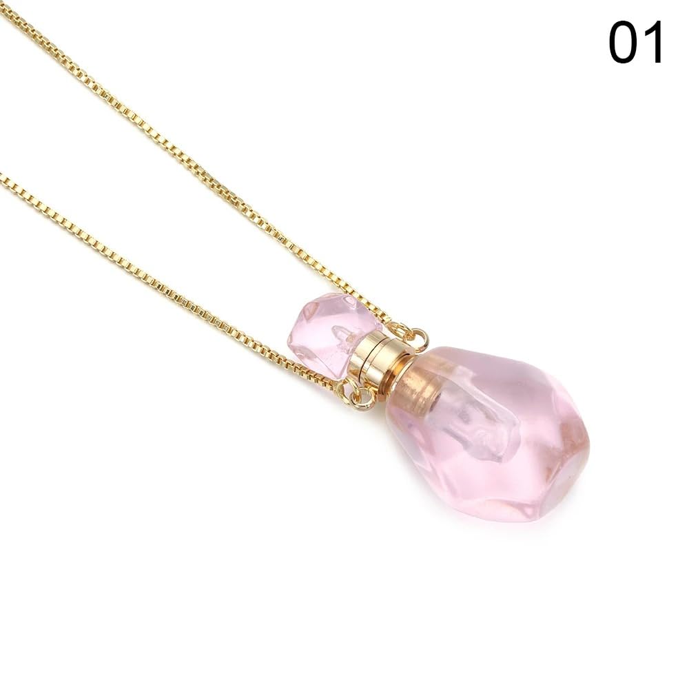 14K Yellow Gold Natural Stone Vial Necklace For Women - Glass Vial Pendant Necklace Water Drop Jar Perfume Necklace - Water Container Vial Necklaces For Liquid Oil Diffuser Vial Jewelry