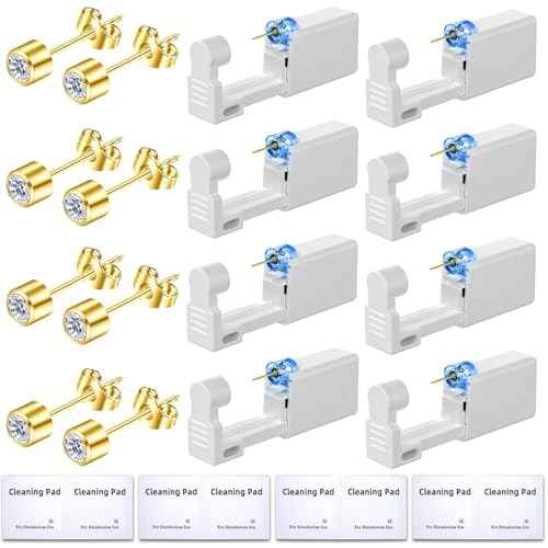 Get the Perfect Ear Piercing with 24Pcs Premium Ear Piercing Kit - Includes 8 CZ Stones Earrings and 8 Easy-to-Use Self Ear Piercing Gun - Safe and Painless