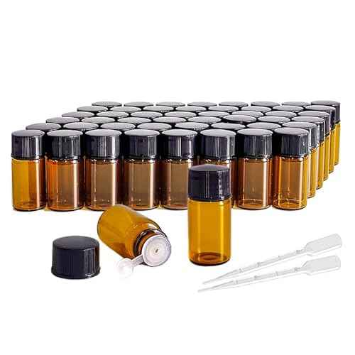 50Pcs 3ml Amber Sample Bottles,Mini Glass Essential Oil Bottle, with Black Screw Caps, for Travel Essential Oil and Perfume Vials Bottles (3ML)