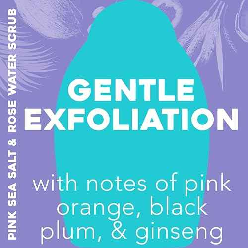 OGX Sensitive + Rose Water & Pink Sea Salt Exfoliating Body Scrub + Rose Quartz, Gentle Exfoliating Daily Body Wash Softens Skin, Body Scrub for Women, Sulfate-Free Surfactants, 19.5 fl oz