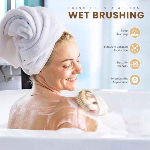 POPCHOSE Dry Brushing Body Brush, Natural Bristle Dry Skin Exfoliating Brush Body Scrub for Flawless Skin, Cellulite Reduction, Lymphatic Drainage and Blood Circulation Improvement