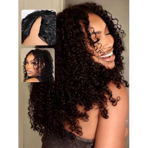 UNICE EasiContour V Part Wigs Human Hair Jerry Curly Glueless Wigs Human Hair Clip in Vpart Wig Minimal Leave Out Upgrade U Part Human Hair Wig Beginner Friendly 14 inch