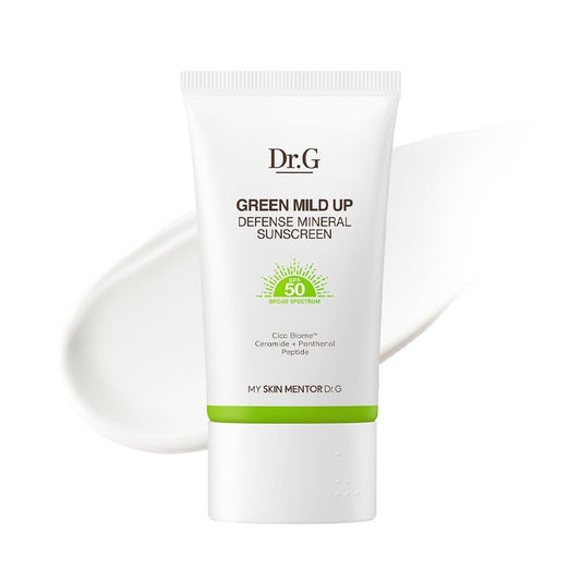 Dr. G Green Mild Up Defense Mineral Sunscreen - SPF 50 Broad Spectrum Korean Sunscreen - Lightweight & Reef-Safe Mineral Formula - For Sensitive Skin - Non-Greasy - With Centella Asiatica - 1.69 fl oz