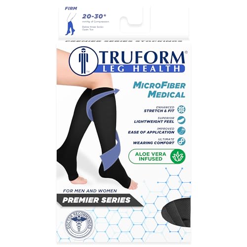 Truform 20-30 mmHg Medical Compression Stockings, Aloe Infused Microfiber, Knee High, Open Toe, Black, X-Large