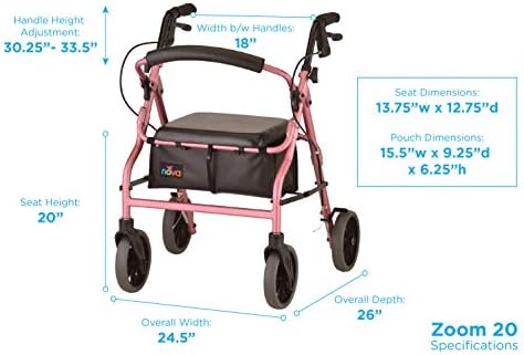 NOVA Medical Products Zoom Rollator Walker with 20” Seat Height, 20 Inch, Pink