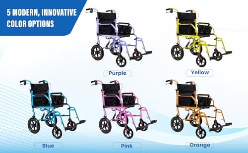 Platinum Health Hummingbird™ Ultra-Lightweight Foldable Transport Wheelchair, Handbrakes,12-Inch Rear Wheels, Extra-Wide Seat. Convenient Table-Length Padded Armrests. (Sunrise Pink)
