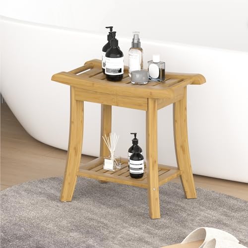 Bamboo Shower Bench Stool with Storage Shelf Small Shower Chair Seat for Inside Shower 19 x 10 x 18 Inches Natural