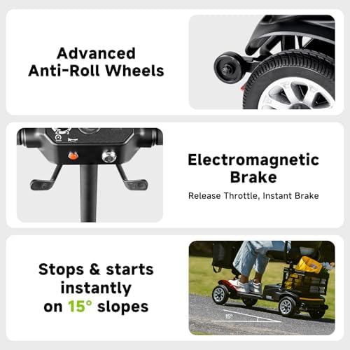 Mobility Scooters for Seniors& Adults Foldable Powered Wheelchair Device with Dual Detachable Baskets 4 Wheel Mobility Scooter with Long Travel Range (Red-Black)