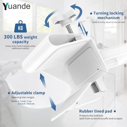 Adjustable Bathtub Safety Rail with Showers Suction Handle,YuanDe 17x6 Inch Stainless Steel Tub Handle Grab Bar, Heavy Duty Bath Handles Clamp for Elderly Seniors Injury Disabled (300 LBS), White