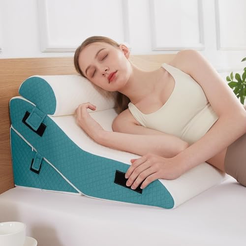 Bed Wedge Pillow Set for Sleeping 3 PCS - 22.5" Wide Triangle Pillow for Back Leg Pain Relief with Washable Cover - 35D Foam Wedge Pillow Post Surgery for Acid Reflux & Snoring (White Blue)