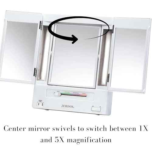 JERDON Tri-Fold Two-Sided Makeup Mirror with Lights - Vanity Mirror with 5X-1X Magnification & Multiple Light Settings - White - Model JGL9W