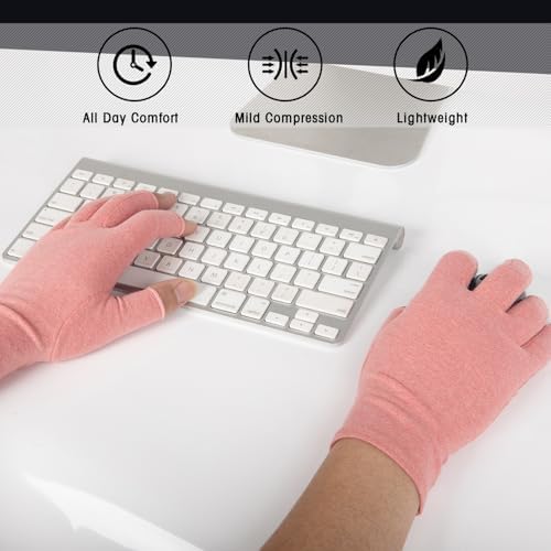 2 Pairs Arthritis Compression Gloves for Women Men, Fingerless Breathable & Moisture Wicking Compression Gloves for Relieving Carpal Tunnel Aches, Rheumatoid Pains, Joint Swell Pink M