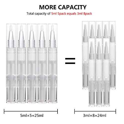 5 pack 5ml Transparent Twist Pen for Cuticle Oil Applicator, Empty Nail Oil Pen with Brush Tip, Eyelash Growth Liquid Tube, Cosmetic Lip Gloss Container (5x)