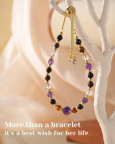 HGDEER Natural Crystal Healing Bracelet for Women - Amethyst Tiger Eye Black Tourmaline Clear Quartz - Anxiety Relief Gemstone Jewelry with Blessing Card