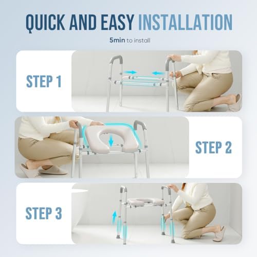 OasisSpace Raised Toilet Seat with handles-400lbs Heavy Duty Commode Chair with Safety Frame, Adjustable Stand Alone Elongated risers with arms for Elderly, Handicap, Disabled