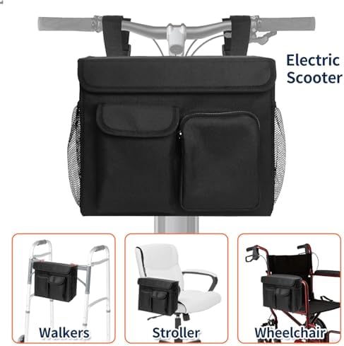 Boczif Mobility Scooter Bag, Electric Scooter Caddy Organizer Pouch, Electric Mobility Scooter Basket Bag with 14Inch Laptop Pocket and Cup Holders for Wheelchair & Rollator (Mobility Scooter Bag)