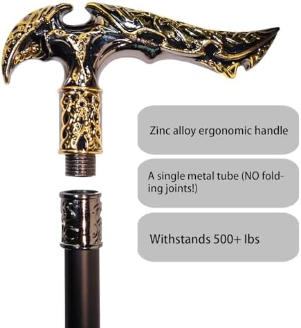 Walking Cane for Men & Women & Seniors - 36.5 Inch Heavy Duty 500+ lbs Capacity, Ergonomic Handle, Ornate & Decorative, Elegant Matte Black & Silver Metal Cane with Goth & Gothic Aesthetic