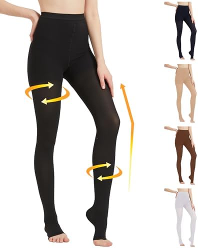 MGANG Medical Compression Pantyhose for Women & Men, 20-30mmHg Graduated Compression Support Tights, Open Toe, Opaque Waist High Compression Stockings for Edema, Varicose Veins, Flight, DVT, Black L