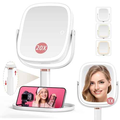 Mocado Makeup Mirror with Lights, 1X/20X Magnifying Mirror with Light, Vanity Mirror with 3 Colors Lights, Height Adjustable Lighted Makeup Mirror, Double Sided 360¡ÆRotation, Memory Function (White)
