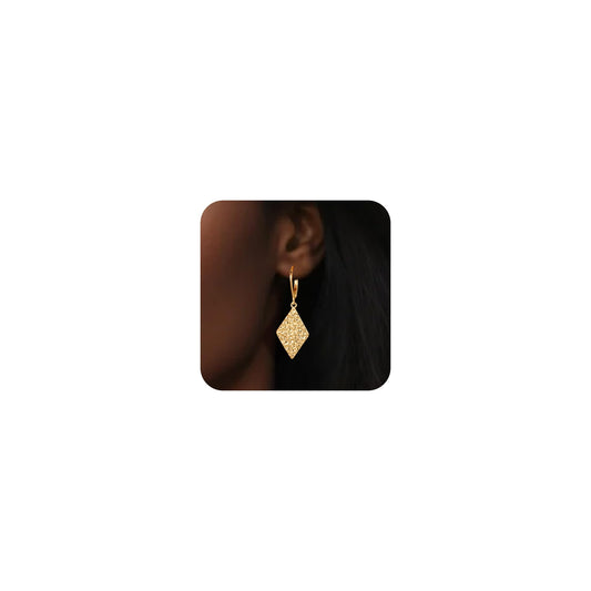 ALEXCRAFT Rhombus Gold Hammered Dangle Earrings for Women Hypoallergenic 14K Gold Drop Leverback Earrings Geometry Hammered Dangle Earings for Women Jewelry Gifts