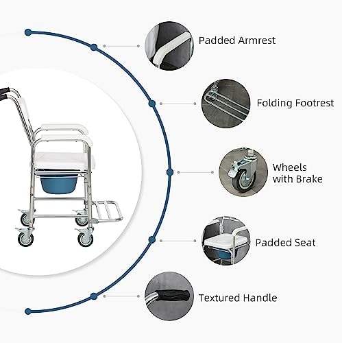 HOMCOM 3-in-1 Shower Commode Wheelchair, Transport Beside Commode Chair, Waterproof Rolling Over Toilet Chair 330 lbs. Weight Capacity with Padded Seat, White