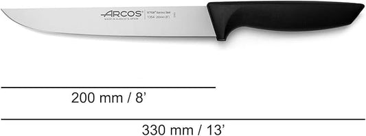 Arcos Kitchen Knife 8 Inch. Nitrum Stainless Steel Blade and Black Polypropylene Handle - Lightweight and Durable for Everyday Use. Niza Series