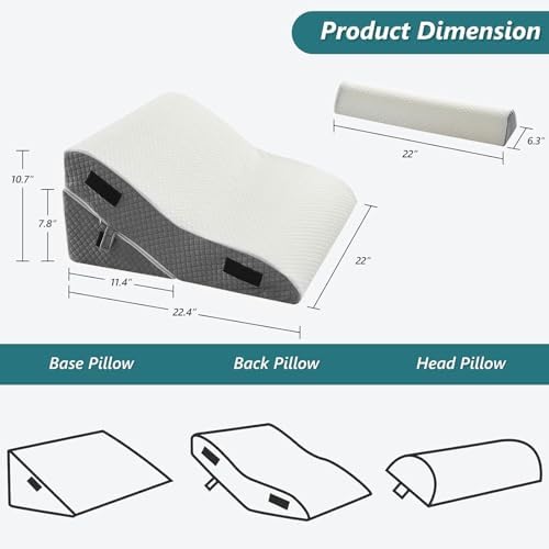 Bed Wedge Pillow Set for Sleeping 3 PCS - 22.5" Wide Triangle Pillow for Back Leg Pain Relief with Washable Cover - 35D Foam Wedge Pillow Post Surgery for Acid Reflux & Snoring (White Grey)