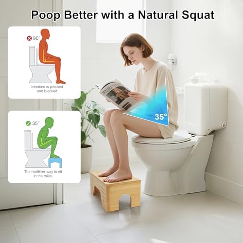 Foldable Toilet Stool Squat, 7" & 9" Adjustable Heights Bamboo Flip Poop Stool for Adults and Kids with Non-Slip Layer - Improve Bathroom Posture and Comfort, No Assembly Required,Natural