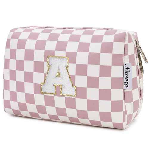 Narwey Christmas Gifts Personalized Initial Makeup Bag, Teen Girls Kids Trendy Stuff 10 11 12 13 14 16 18 Years Old, Gift for Women Bridesmaid Graduation, Travel Toiletry Preppy Cosmetic Bag (Pink A)
