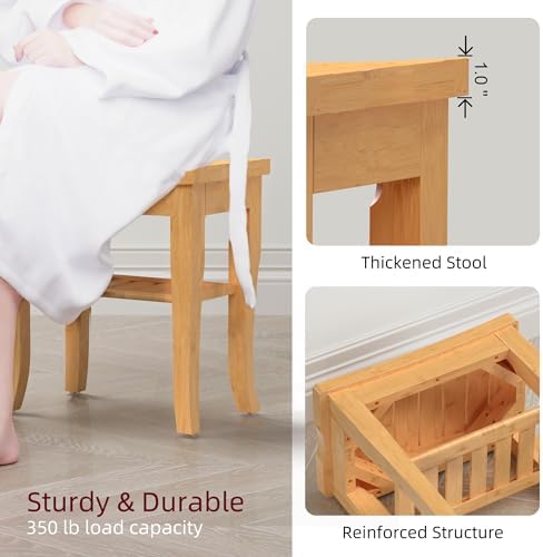 Bamboo Shower Bench, Spa Small Shower Stool for Inside Shower Waterproof, Bathroom Bench Seat with Storage Shelf for Adults Elderly Seniors, Wood Chair for Indoor or Outdoor Use, Natural