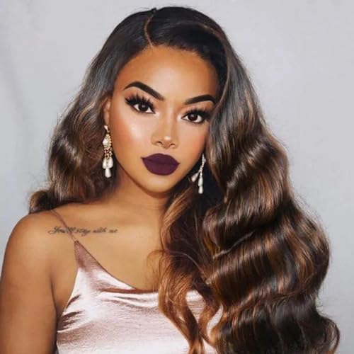Brown Highlight Body Wave Human Hair 3 Bundles, 12A Balayage Ombre Blonde Color Wavy Bundles Human Hair 100% Remy Hair Soft and Glossy #1b/30 Black Hair with Highlights Sew In 10 12 14 Inch