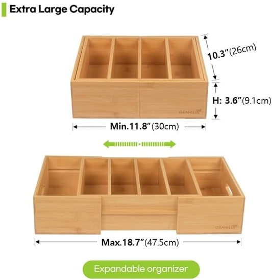 CLEANCLUE Expandable Kitchen Cabinet Organizer for Food Storage Container Lids, Bamboo Drawer Caddy Adjustable Dividers, Box for Kitchen Storage and Organization, Lids Organizer for Cabinet (Natural)