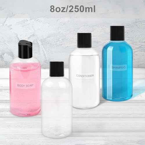 2 Pack 8 oz Empty Plastic Bottles with Black Disc Caps Reusable Clear Leak-Proof Travel Squeeze Containers for Shampoo Conditioner Toiletries Liquid Soap