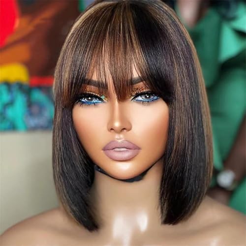 Bob Wig with Bangs Human Hair Glueless HD Lace Straight Short Bob Wig with Brown Highlights, Ready to Go Short Wigs For Women £¨12 Inch bob wig£©