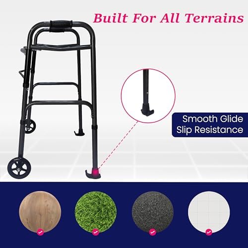 Dr. Aid Premium 2 Button Folding Walker with Wheels, Rolling Front Wheel Walker, Lightweight Walkers for Seniors, Extra Light & Durable Carbon Fiber Aluminum Frame, Adjustable Height, Carbon Black