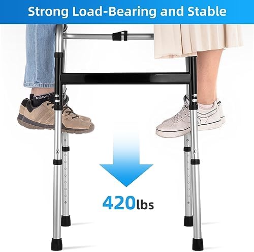 Foldable Walkers for Seniors - Aluminum Stepped Handrail Walker, Height Adjustable Walkers for Seniors, Lightweight Folding Walkers, 2 Wheels with Bearings Available as an Option, Silver