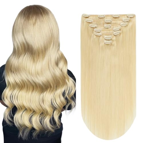 Hair Extensions Clip in Real Human Hair 14 inch Bleach Blonde Clip in Hair Extensions 105g Straight Thick Double Weft Natural Human Hair Extensions for Women (14inch,7pcs, 105g)