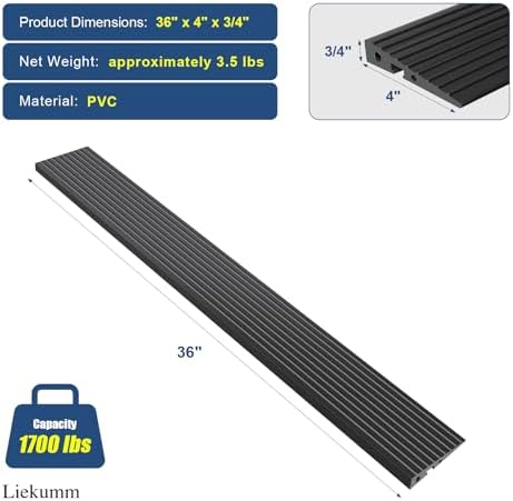 LIEKUMM 3/4" Rise PVC Threshold Ramp for Doorways, 1700 Lbs Capacity, Self-Adhesive Transition Ramp for Wheelchairs, Strollers, and Scooters, Cuttable, Black