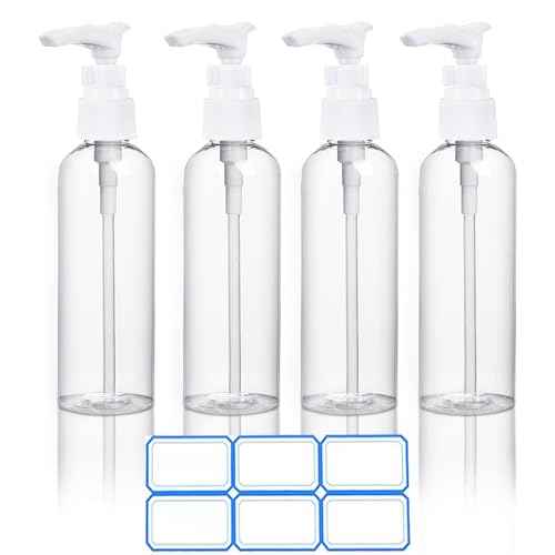 4 Pack 3.4 Oz (100ml) TSA Approved Travel Pump Bottles for Toiletries Clear Travel Size Bottles Leak Proof with Labels