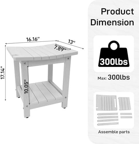 HDPS Shower Bench, Inside Shower Chair for Shaving Legs, Waterproof 2-Tier Bath Spa Shower Stool for Adults Sitting, Weather -Resistant No-Slip Indoor Outdoor Shower Seat, White