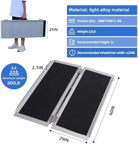 Portable Wheelchair Ramp 5FT,No-Slip Aluminum Folding Handicap Ramp 800lbs Load Capacaity,Wheel Chair ramp for Home Steps,Stairs,car