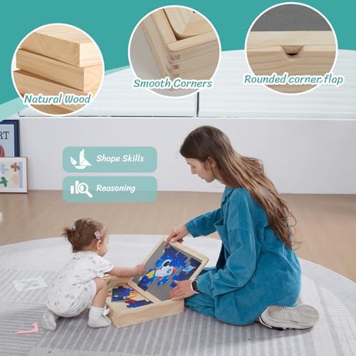Wooden Sensory Sequin Box |Calm Down Corner Kit with Sensory Sequin Flip Mats,Space-Themed Felt Puzzle & Felt Tangram | Calming Corner Items for Kids -Sensory Room Must Haves