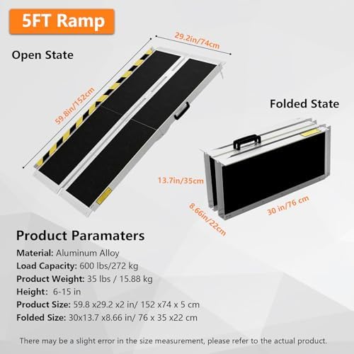 Wheelchair ramp 5FT,Non-Slip Aluminum Wheelchair ramps for Home Steps,Folding Handicap Ramp,ramps for Home,doorways,Stairs,Weight Capacity up to 600LBS 5FT (Usable Height 6-15 inch)